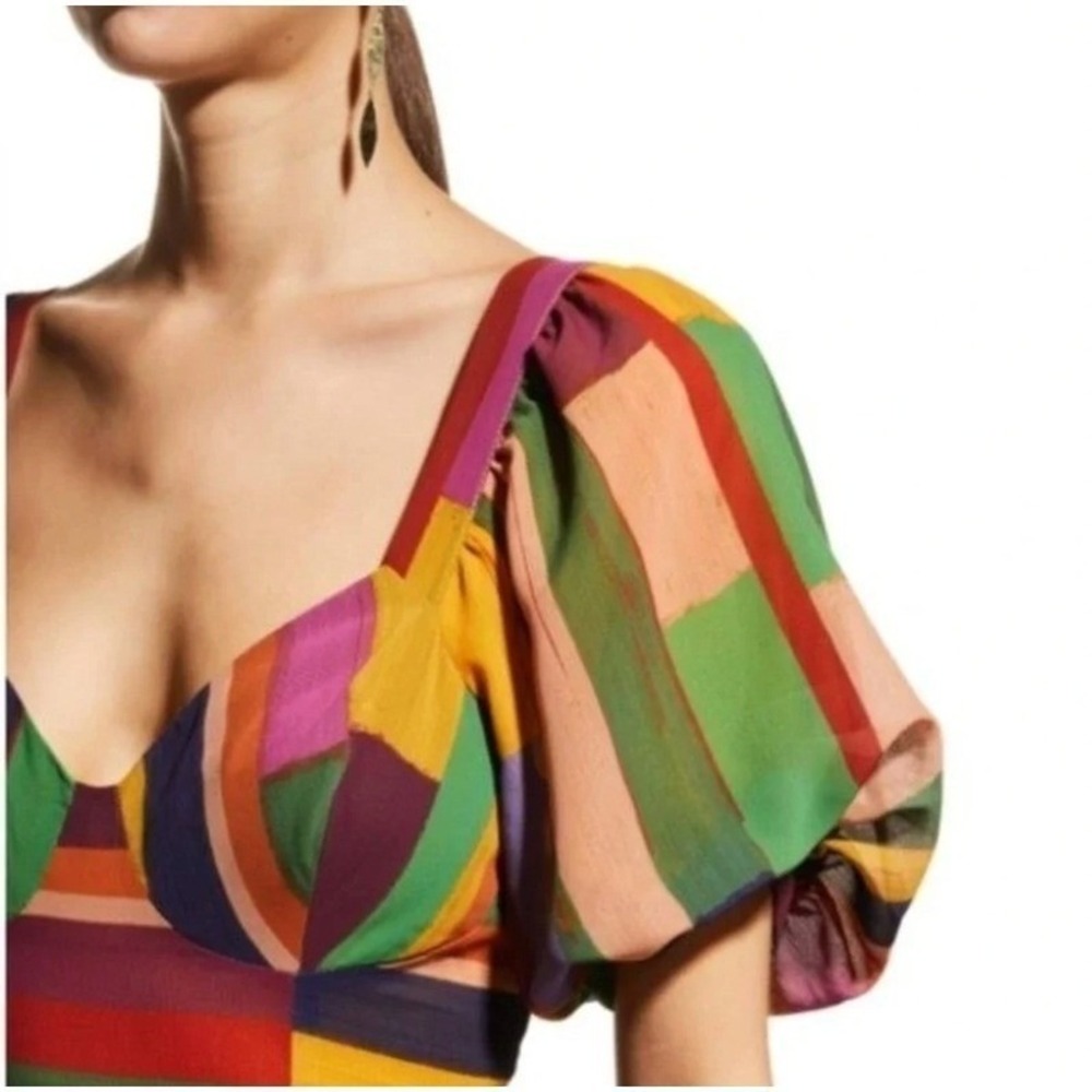 Farm Rio Rainbow Multi Stripe Pleated Maxi Dress Sweetheart Puff Sleeve NWT S